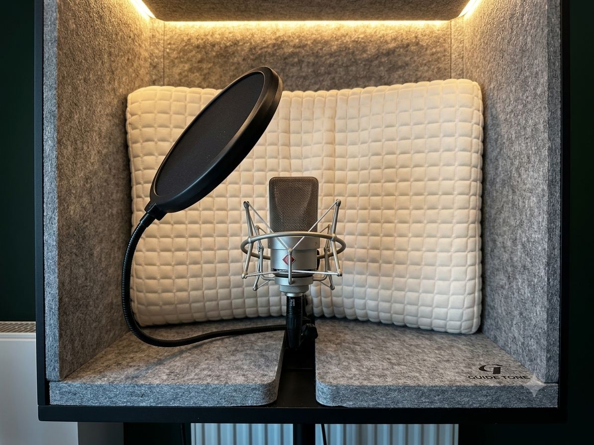Microphone et filtre anti-pop dans la cabine voix du studio.